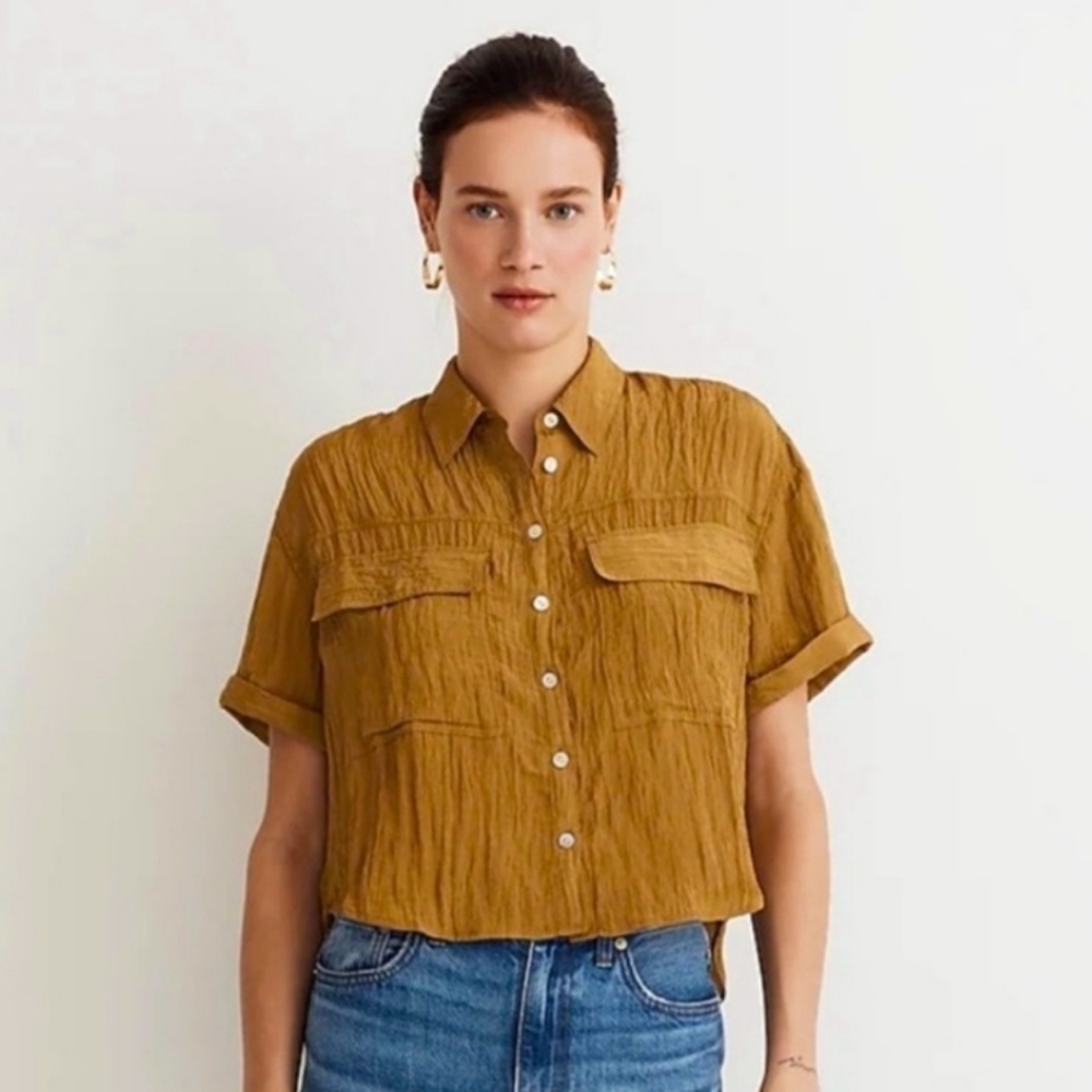 Madewell Green Short Sleeve Cropped Button‎ Down Shirt
